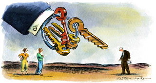 Pen & ink with watercolour, published in <em>The Guardian</em>